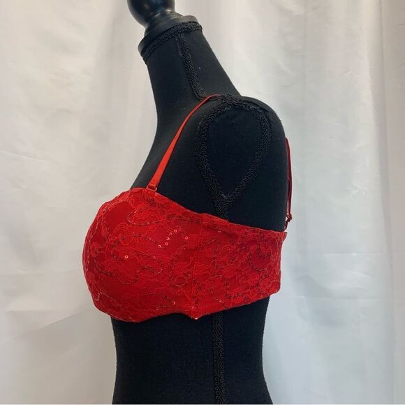 RED lace sequin bra crop top Sz L - Picture 4 of 9
